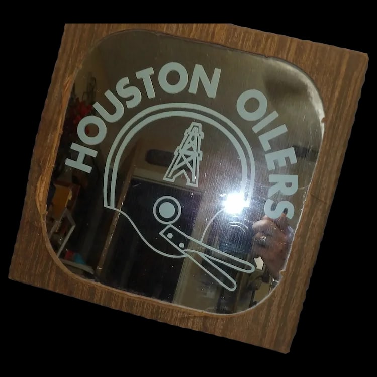 Vintage Defunct NFL Houston Oilers Logo Mirror: This Vintage Defunct NFL Houston Oilers Logo Mirror- Original Package NOS has never been out of the original package. Has no loss on lettering. Measures 12 x 12. This is a piece of history that is