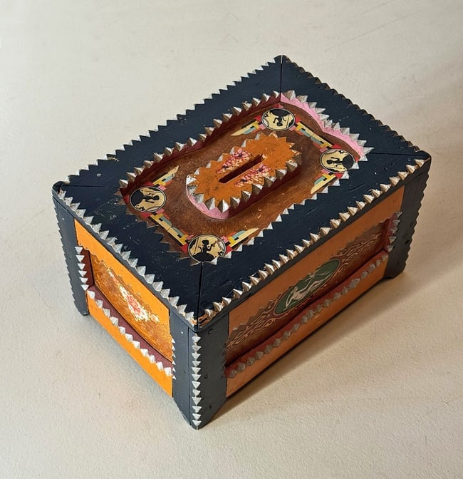 Colorful Painted Tramp Art Bank with Slot for Coins - 2
