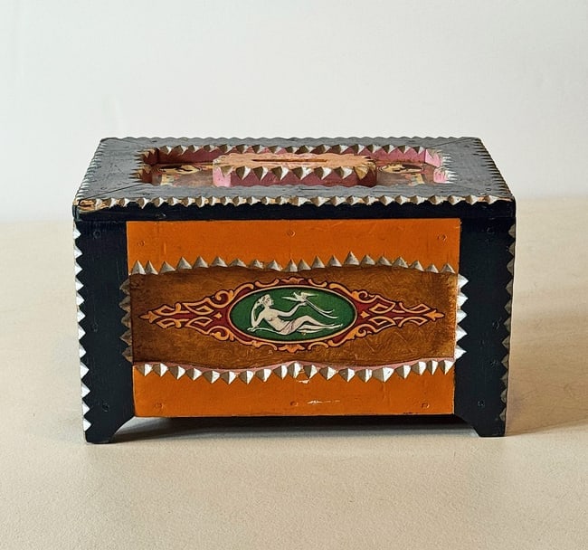 Colorful Painted Tramp Art Bank with Slot for Coins - 3