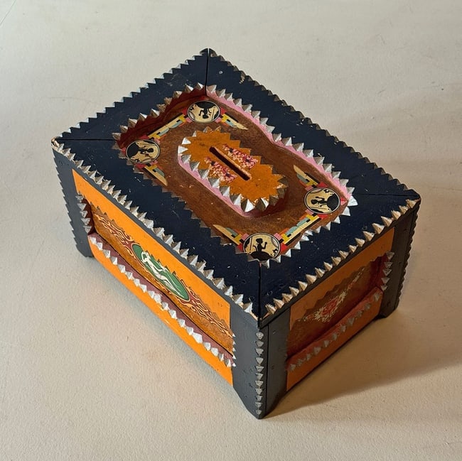 Colorful Painted Tramp Art Bank with Slot for Coins - 5