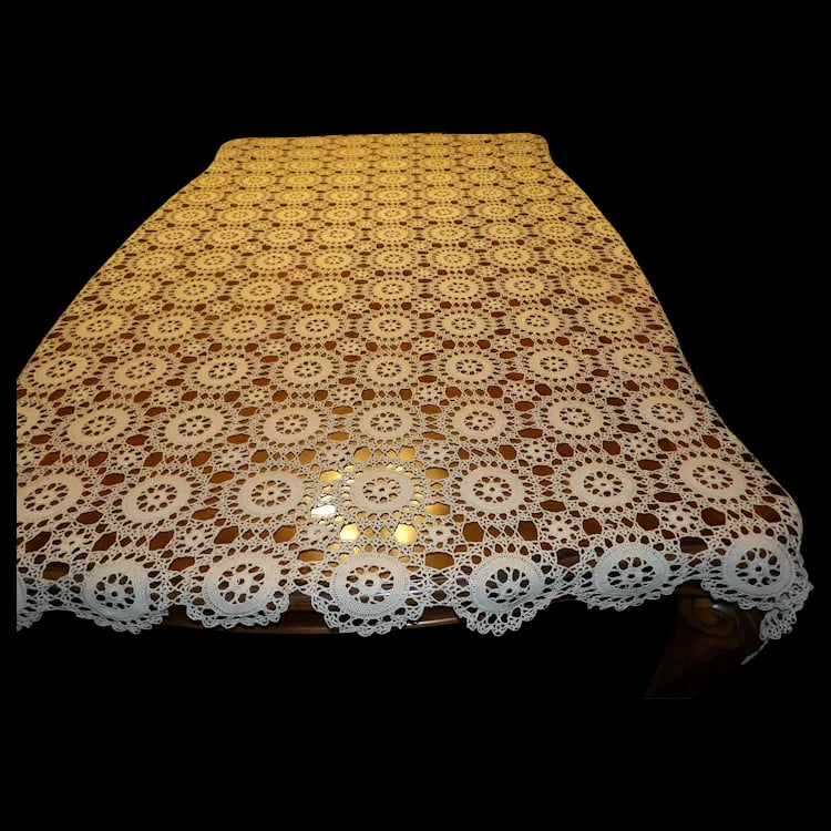 Heavy Cotton Crochet Tablecloth: This is a fantastic Heavy Cotton Crochet Tablecloth. NO visible problems such as loose connections, stains, or loose threads. It measures 84 1/2" x 70" and fits the contour of any table it is used