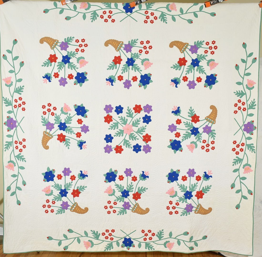 1930's Floral Bouquet Applique Quilt: Title: 1930's Floral Bouquet Applique Quilt Date: 1930's Origin: Ohio Material: Cotton Dimensions: 80" X 80" Additional Information: Cotton 30's floral applique / cornucopia quilt, all precisely hand