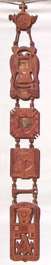 Extraordinary, one of a kind fraternal marquetry whimsey: This an extraordinary, one of a kind, folk art piece. It is a very large, extremely detailed marquetry whimsey with a fraternal theme; including many carved and inlaid elements. This has so much