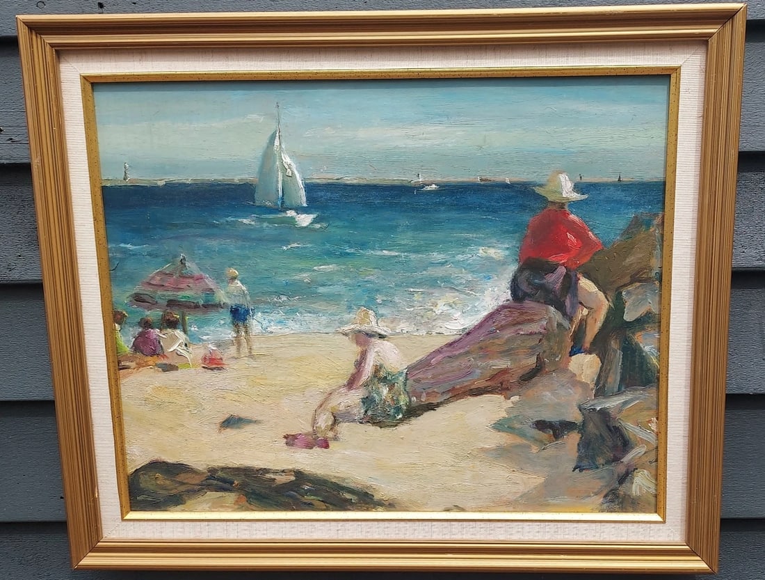 Gorgeous oil painting 1962 Sailboat Beach Artist Nathan Hoffman(1900-1979): Great looking piece in excellent condition. Dated 1962 ." BRIGHTER DAYS" . Nathan known for New Jersey beach scenes. NYC Sky lines. Love the colors and lighting .. Measures 16 x 20" without frame.