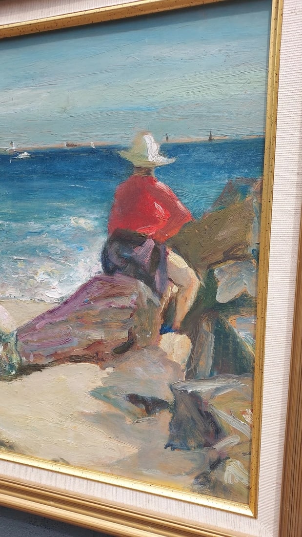 Gorgeous oil painting 1962 Sailboat Beach Artist Nathan Hoffman(1900-1979) - 4