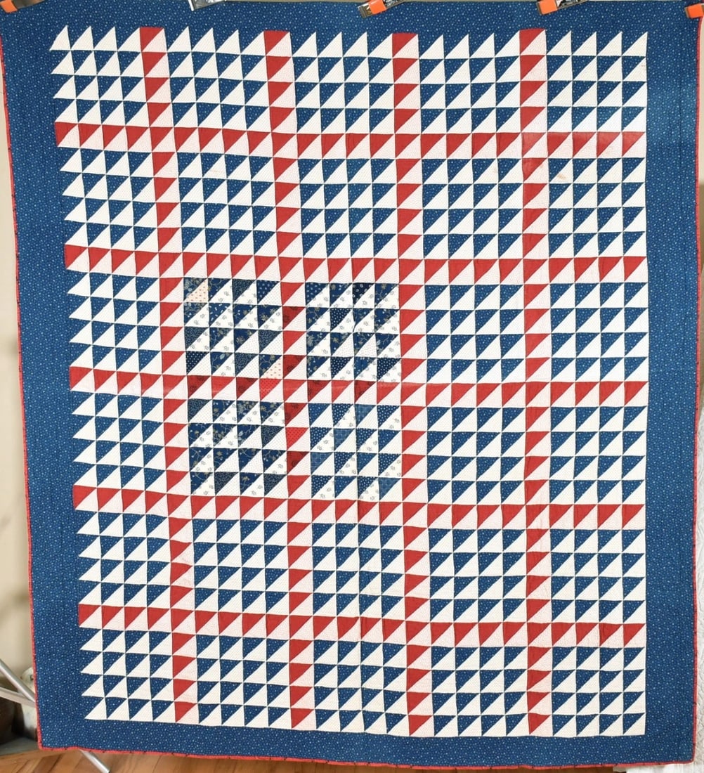 1890's Red, White & Blue Quilt: This BEAUTIFUL cotton 1880's / 1890's red, white and indigo blue birds in the air quilt is hand pieced and hand quilted, with a nice indigo blue border. There are 1,392 triangle pieces. It measures 72