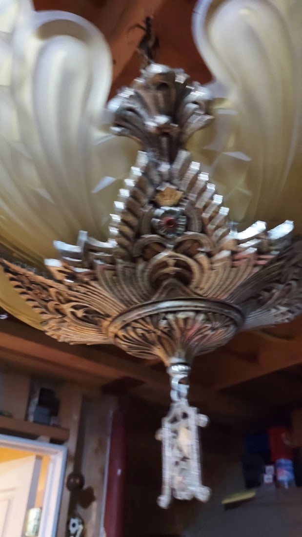 Antique Slip Shade Fixture Aluminum Art Deco Complete with ceiling cap - 4