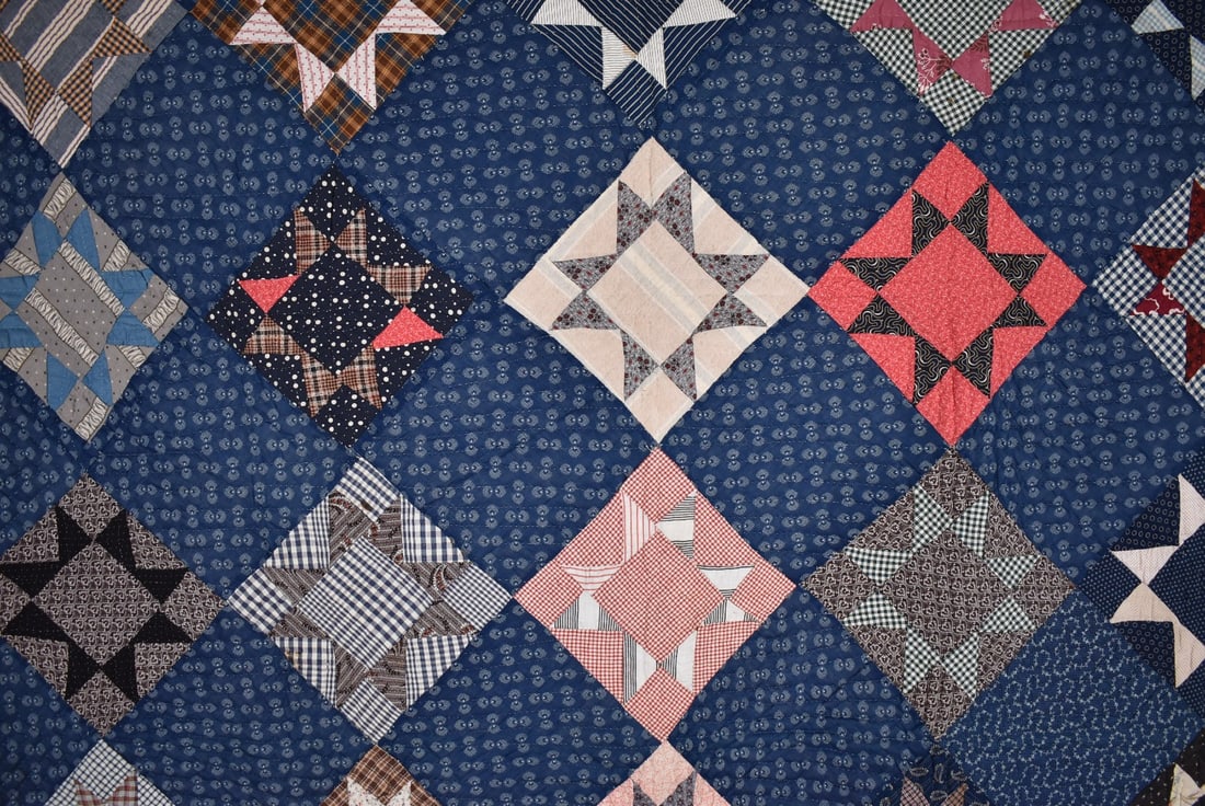 1880's Stars Quilt, Indigo Blue Ground - 2
