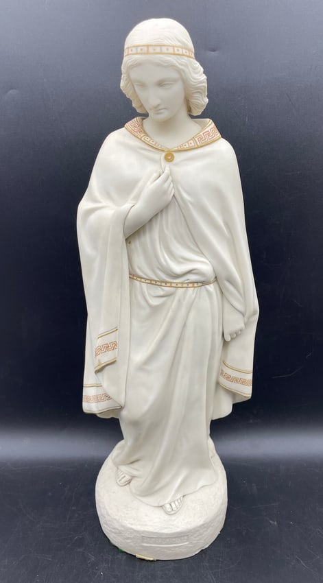 Antique 1860, COPELAND PARIAN HERMIONE STATUE: Date/Period: 19th century Dimension: Approximately 16 + 1/2 inches tall and 5 + 3/8 inches across the base Material: Additional Information: Large Parian statue in the form of Hermione with fine