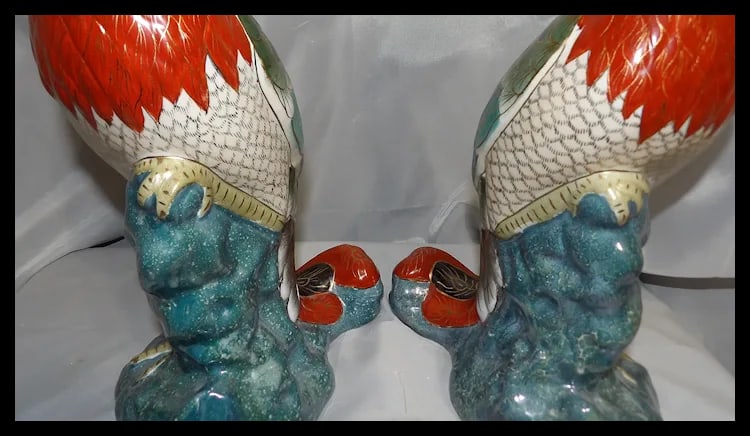 Pair of 17" tall Japanese Showa Period Kutani Bird Statues - 10
