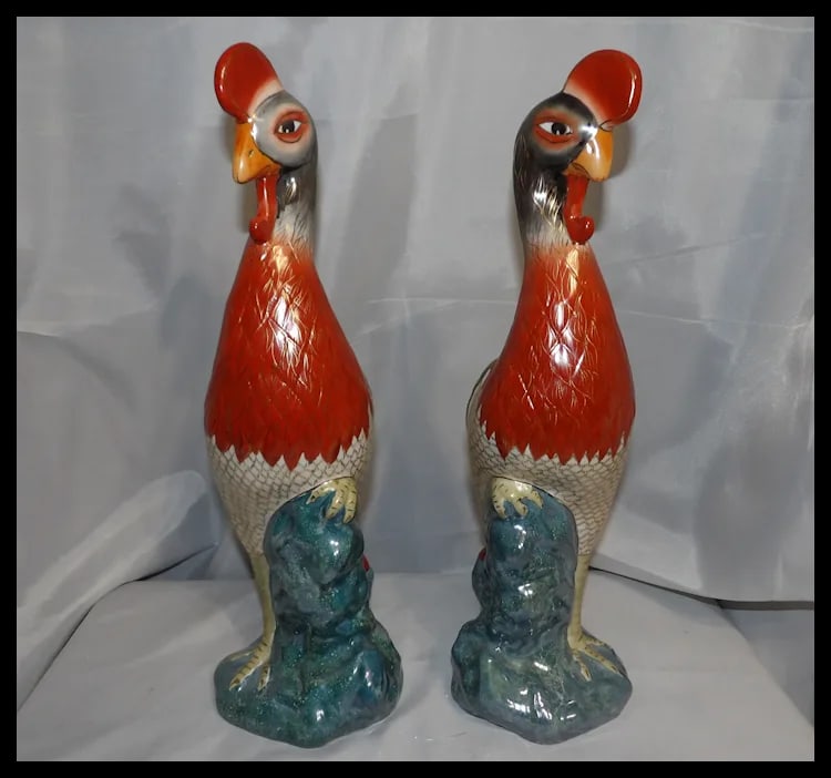 Pair of 17" tall Japanese Showa Period Kutani Bird Statues - 2