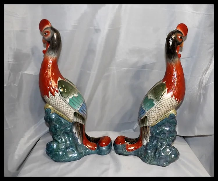 Pair of 17" tall Japanese Showa Period Kutani Bird Statues - 3