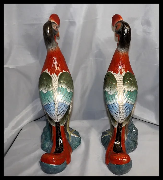 Pair of 17" tall Japanese Showa Period Kutani Bird Statues - 4