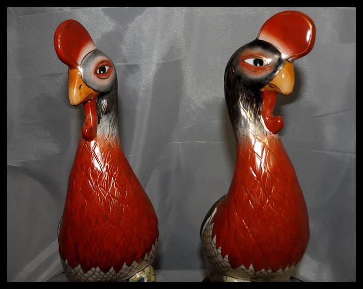 Pair of 17" tall Japanese Showa Period Kutani Bird Statues - 6