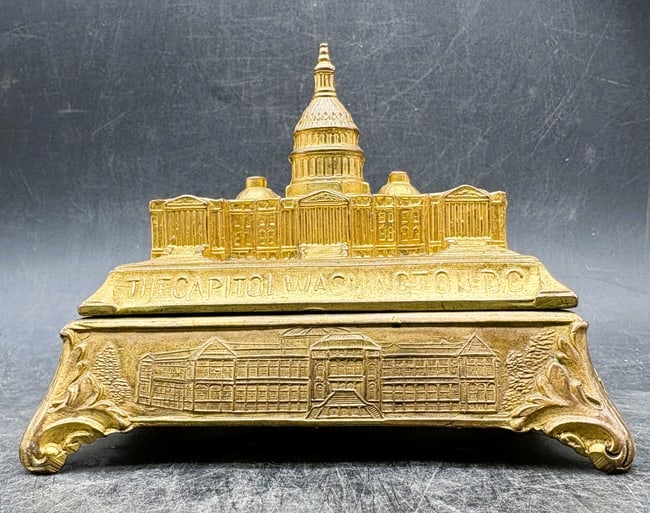 Jennings Brothers Vintage Capitol Washington DC Building Jewelry or Trinket Box: Date/Period: unknown Dimension: Approx 4" tall x 4.5" x 3.5 Material: metal Additional Information: Vintage Metal Souvenir Building Trinket Box from Jennings Brothers, founded in 1890 in Bridgeport,