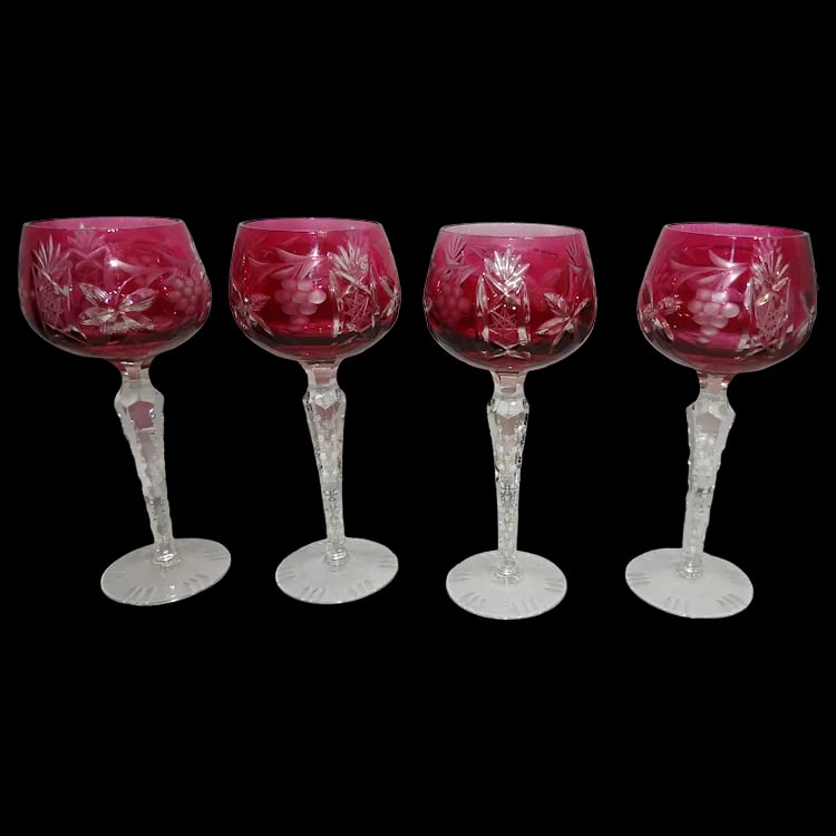 Set of 4 Vintage Bohemian Cranberry Crystal Cut-to-Clear Wine Goblets (1 of 8)