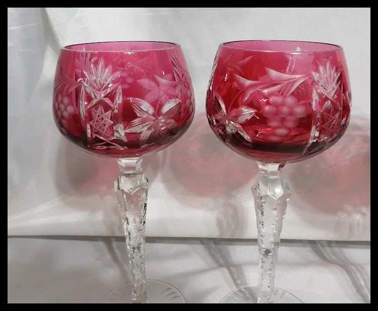 Set of 4 Vintage Bohemian Cranberry Crystal Cut-to-Clear Wine Goblets - 4