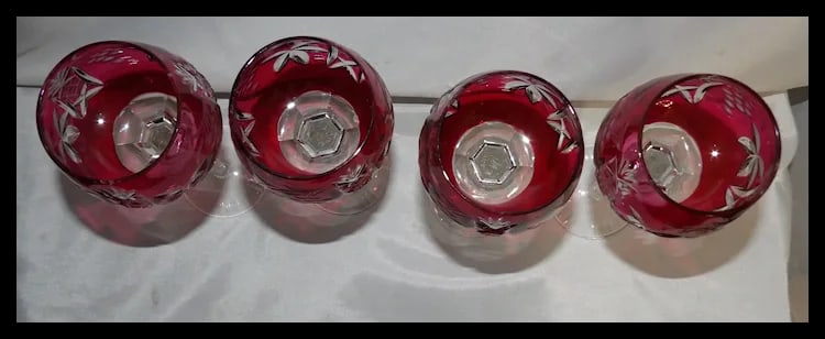 Set of 4 Vintage Bohemian Cranberry Crystal Cut-to-Clear Wine Goblets - 6