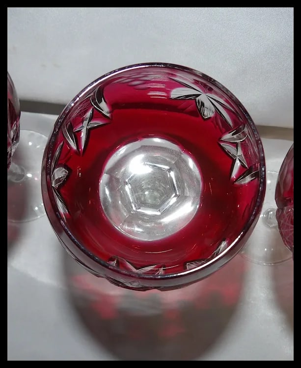 Set of 4 Vintage Bohemian Cranberry Crystal Cut-to-Clear Wine Goblets - 8