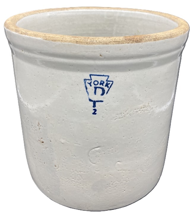 ANTIQUE STONEWARE CROCK: Date/Period: approx early 1900's Dimension: APPROX: 9" TALL 9" DIAMETER Material: Stoneware Additional Information: ANTIQUE STONEWARE 2GAL. CROCK with COBALT BLUE DECORATIONS. HAS THE OLD YORK, PA