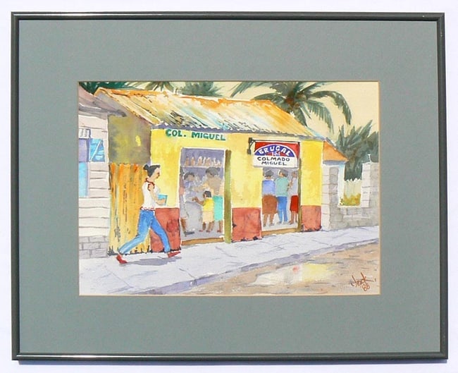A folk painting from either Haiti or the Dominican Republic: Here is a folk painting from either Haiti or the Dominican Republic. It was done in water color on artists board and is in a metal frame under glass. Signed "Jack '88", it is of a local store with