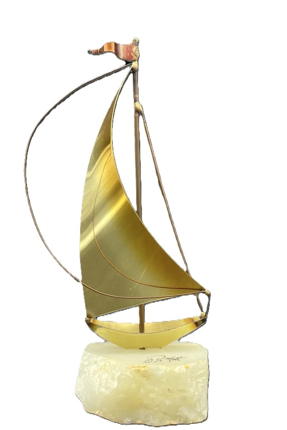 VINTAGE SIGNED DE MOTT BRASS SAILBOAT ON MARBLE: Date/Period: UNKNOWN Dimension: APPROX 9 X 4 X 2 Material: MIXED MATERIALS Additional Information: VINTAGE SIGNED DE MOTT BRASS SAILBOAT ON MARBLE Shipping: Domestic: Flat-rate of $13.00 to anywhere