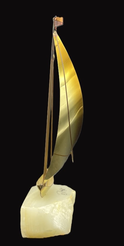 VINTAGE SIGNED DE MOTT BRASS SAILBOAT ON MARBLE - 6