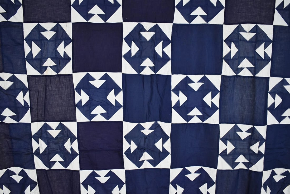 1890's Indigo Blue & White Temperance Quilt Top - 3