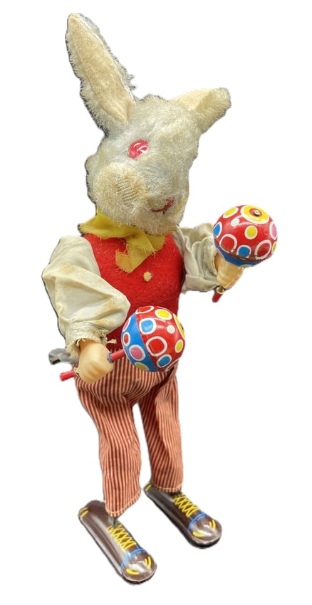 VINTAGE CHICO THE MARACAS WINDUP BUNNY Works!: Date/Period: approx 1950-60's Dimension: Approx. 10 x 4 x 4" Material: mixed materials Additional Information: VINTAGE CHICO THE MARACAS WINDUP BUNNY Works! Shipping: Domestic: Flat-rate of $12.00 to