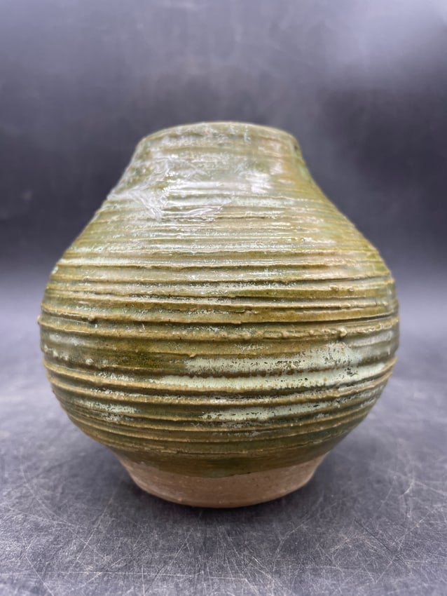 Hand Thrown Art Pottery Vase Green Hues: Date/Period: UNKNOWN Dimension: Approx 4" tall x 4" diam Material: pottery Additional Information: Art Pottery Vase Green Hues Shipping: Domestic: Flat-rate of $10.00 to anywhere within the