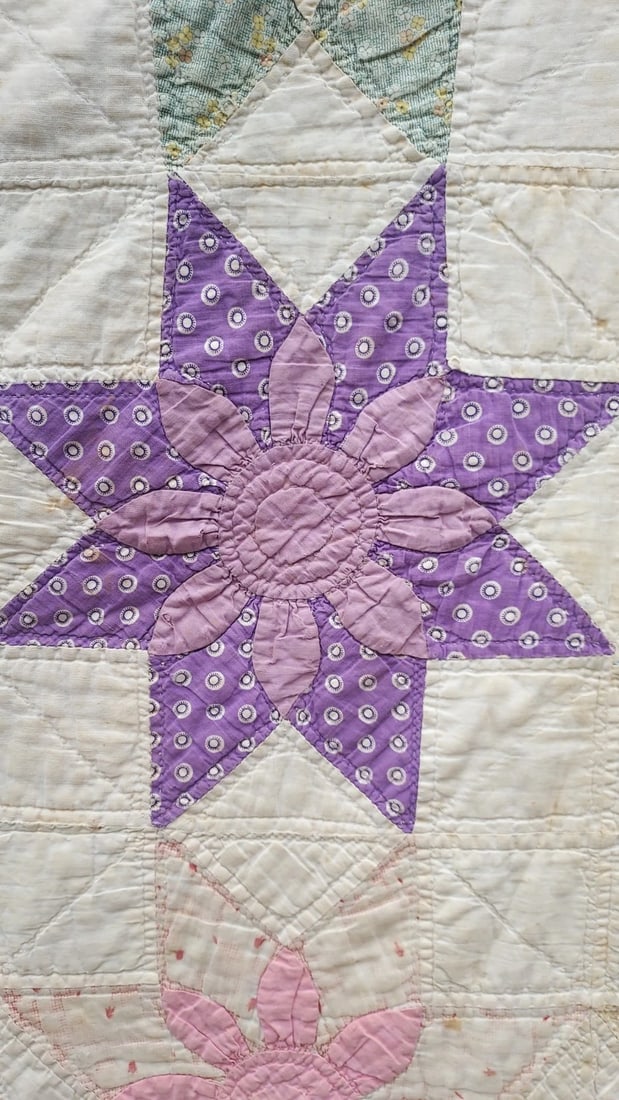 Double Snowflake Design Antique Quilt Light Weight 64 X 64 Parts Or Repair - 2