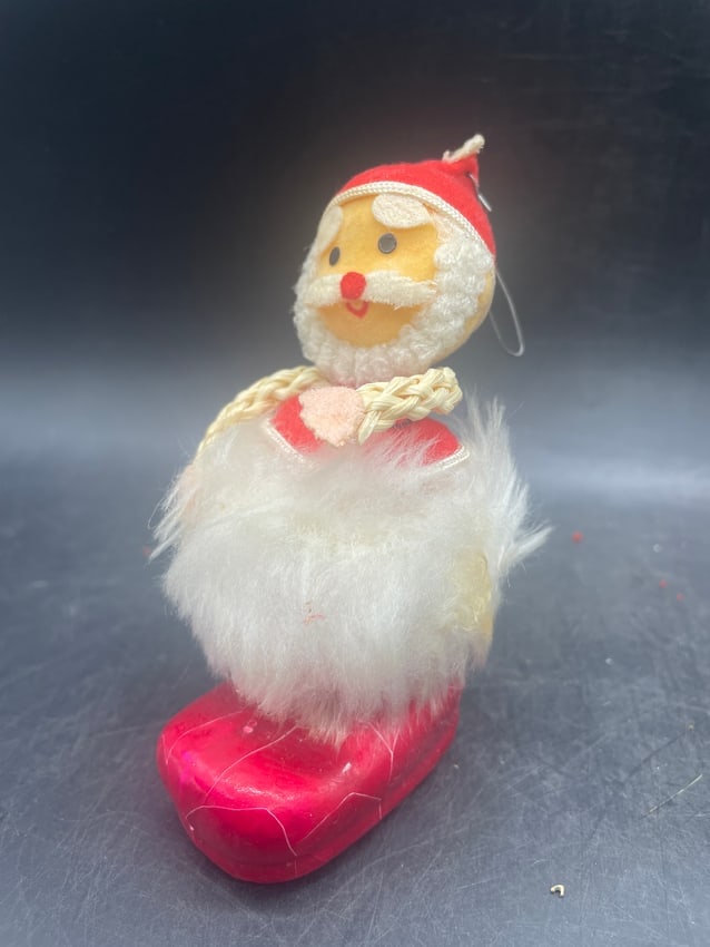 Vintage Santa in Boot Ornament Japan: Date/Period: approx 1950-60's Dimension: Approx. 4 x 2 x 1.5 Material: mixed materials Additional Information: Vintage Santa in Boot Ornament Japan Shipping: Domestic: Flat-rate of $7.00 to anywhere