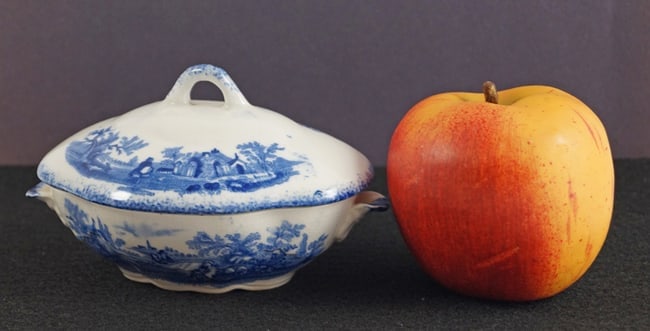 Child's Blue China 5 3/8" Toy Vegetable #26: Title: Child's Blue China 5 3/8" Toy Vegetable #26 Dimension: 3 1/8" tall x 5 3/8" long x 3 1/2" wide. Date: Ca. 1894-1902 Additional Information: Antique Children's China Blue Covered Vegetable by