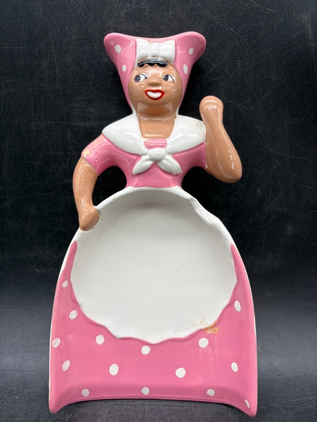 Vintage Black Americana Mammy Spoon Rest Polka Dot Dress: Date/Period: unknown Dimension: Approx 7.5" x 3.75" Material: ceramic Additional Information: Vintage Black Americana Mammy Spoon Rest possibly Menschik Goldman but not marked Shipping: Domestic: