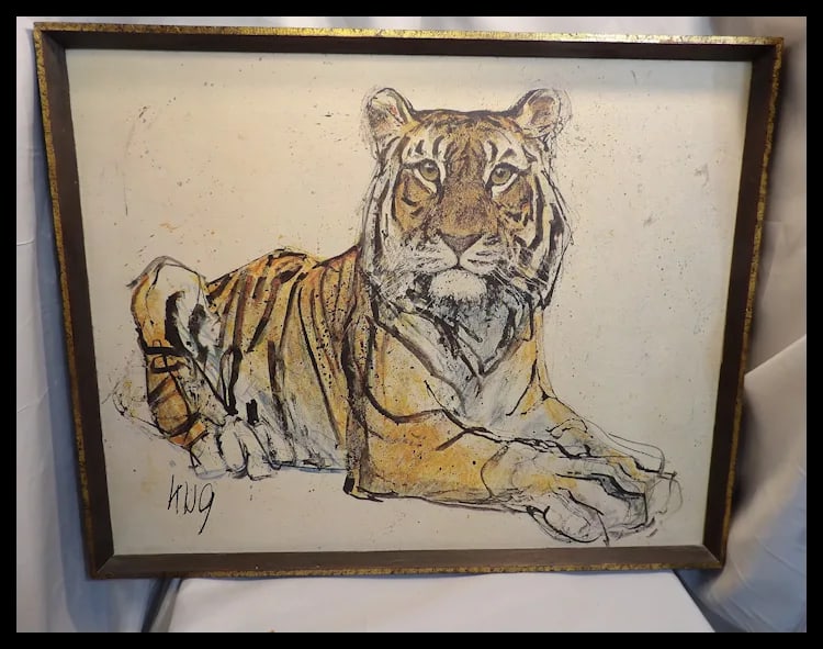Vintage Fritz Hug Resting Tiger Framed Print on Canvas - 2