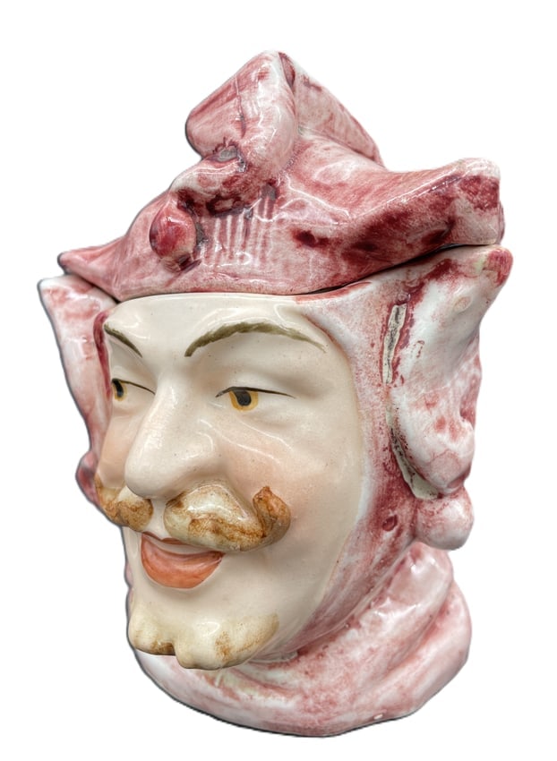 Vintage Majolica Style Figural Man Head Tobacco Jar / Humidor, Court Jester - 2