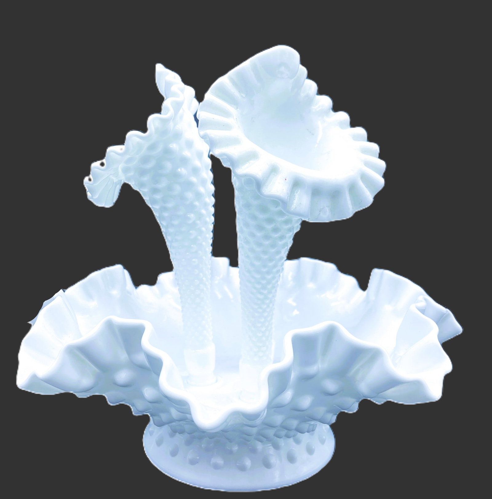Vintage White Milkglass Hobnail Epergne Tri-Horn Fenton Ruffled Jack in Pulpit - 2
