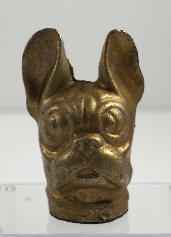 Antique French Bulldog Dog Cast Iron Paperweight: Title: Antique French Bulldog Dog Cast Iron Paperweight Dimension: 3" tall x 2" wide x 1 3/4" deep Date: Circa 1930's Additional Information: Full-figure, solid casting of a French Bulldog cast iron