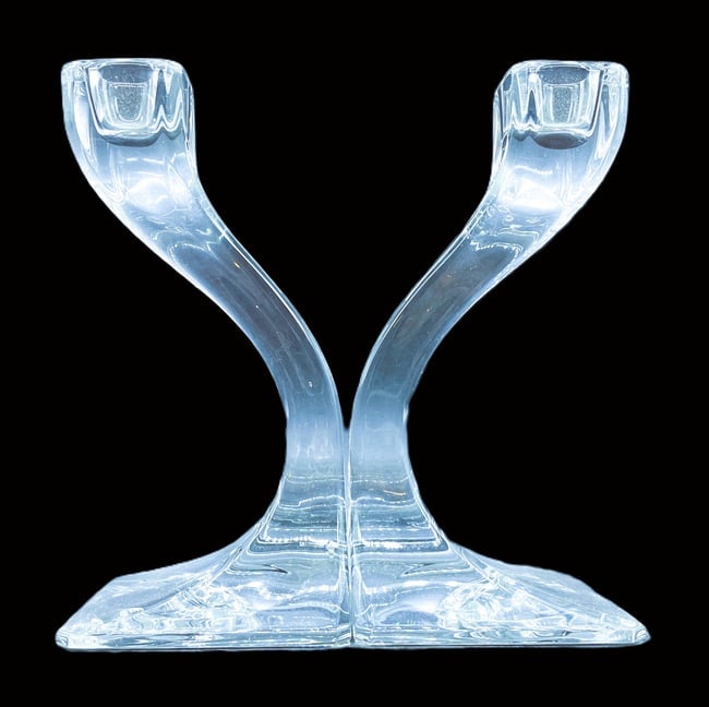 MCM RIEDEL DUETTO AUSTRIA CRYSTAL CANDLESTICKS: Date/Period: UNKNOWN Dimension: 6" Material: glass Additional Information: VINTAGE PAIR MID-CENTURY MODERN RIEDEL "DUETTO" AUSTRIA CRYSTAL CANDLESTICKS Shipping: Domestic: Flat-rate of $10.00 to anywh