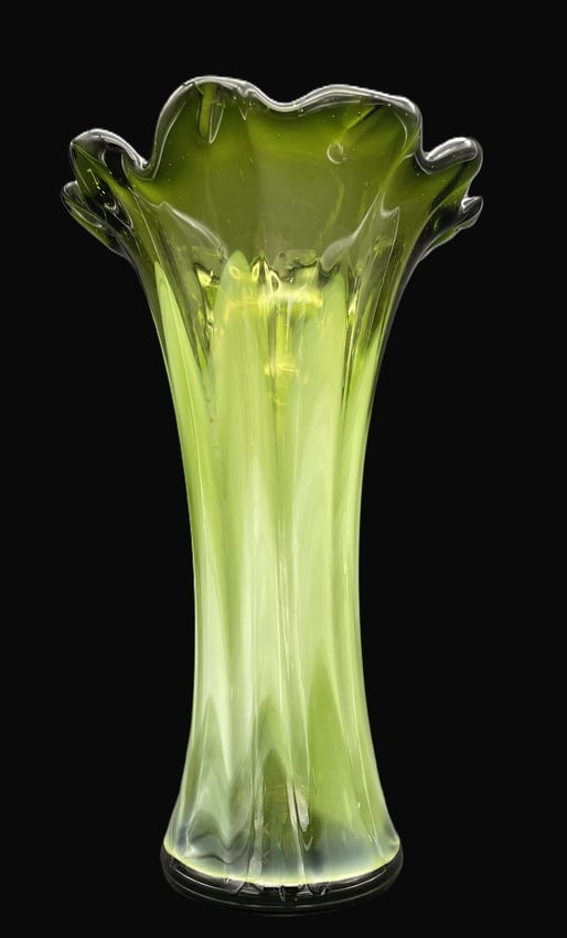 Large Green Swung Glass Art Glsss Vase 11" - 2