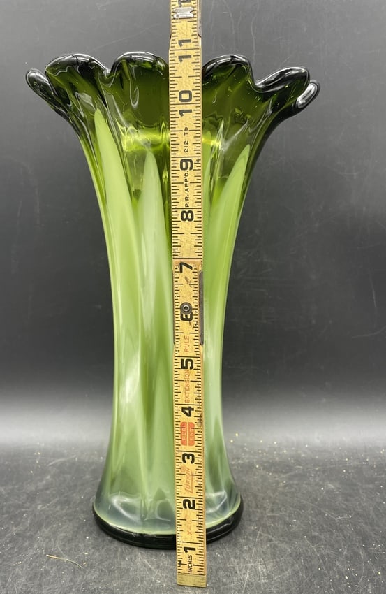 Large Green Swung Glass Art Glsss Vase 11" - 8