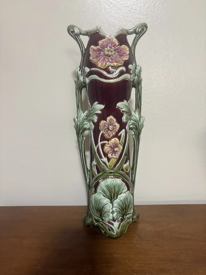 15" Majolica Floral Vase: It is 15" high and is marked. It has no chips, cracks or repairs. It has very good color and detail Shipping: Domestic: Flat-rate of $15.00 to anywhere within the contiguous U.S. International: