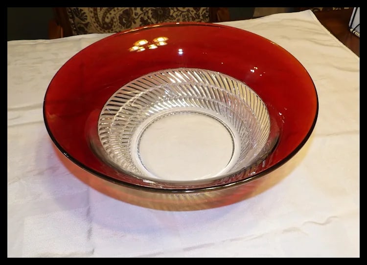 RARE Ruby Flashed Punch Bowl, Underplate, Cups, and Glass Ladle - 10
