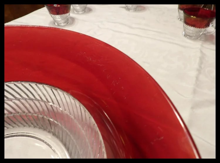 RARE Ruby Flashed Punch Bowl, Underplate, Cups, and Glass Ladle - 12