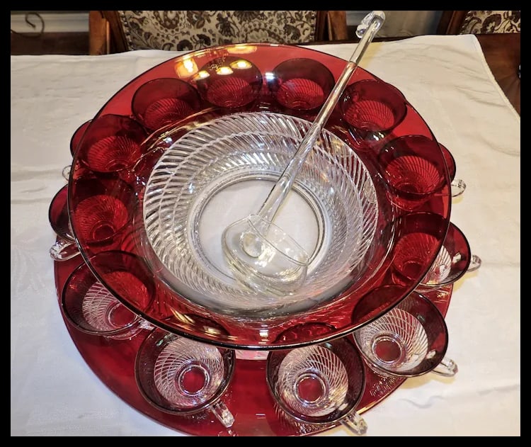 RARE Ruby Flashed Punch Bowl, Underplate, Cups, and Glass Ladle - 2