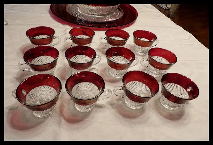RARE Ruby Flashed Punch Bowl, Underplate, Cups, and Glass Ladle - 5