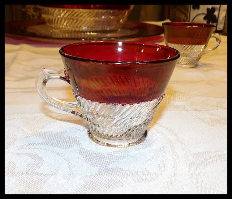 RARE Ruby Flashed Punch Bowl, Underplate, Cups, and Glass Ladle - 6