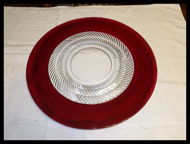 RARE Ruby Flashed Punch Bowl, Underplate, Cups, and Glass Ladle - 8