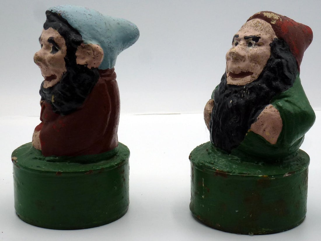 2 folky concrete garden gnomes - red and blue caps - 2