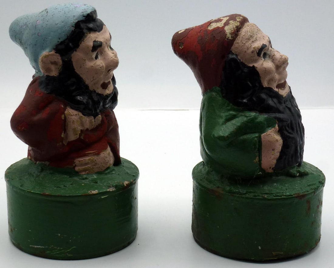 2 folky concrete garden gnomes - red and blue caps - 3